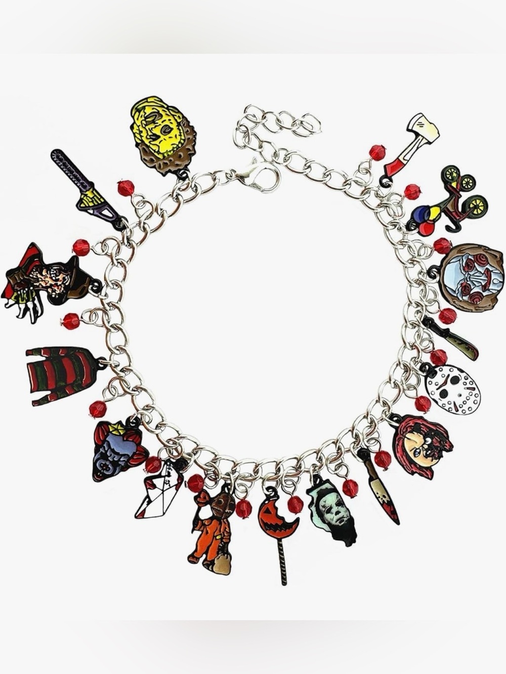 Silvertone Metal Novelty Charm Bracelet Classic Horror Movies Themed 8-8.5 In